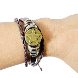 Star Western Braided Beaded Metal Silver Black Bracelet Black Leather New